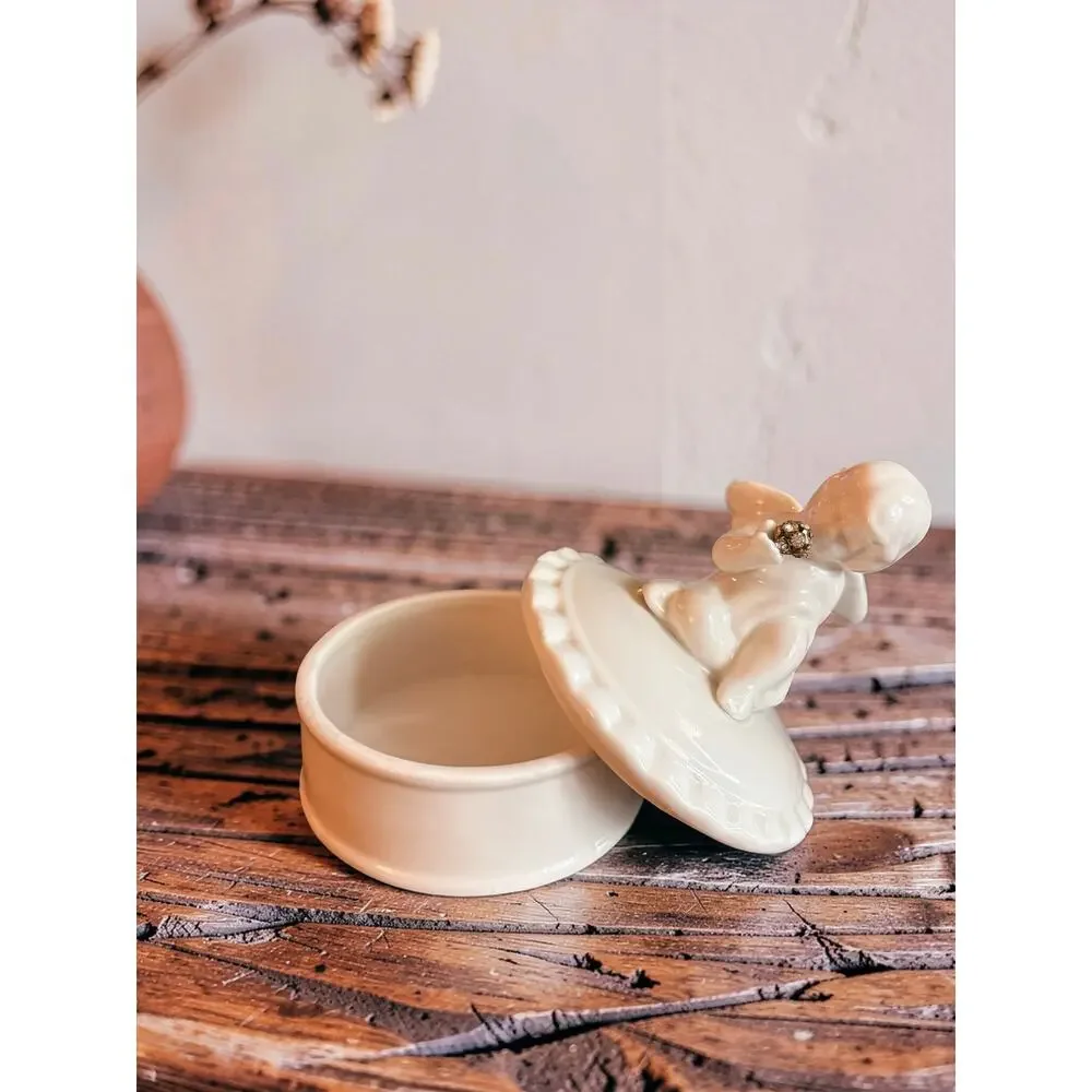Vintage White Porcelain Cherub Trinket Box | Angel Jewelry Box/Rhinestone Flower